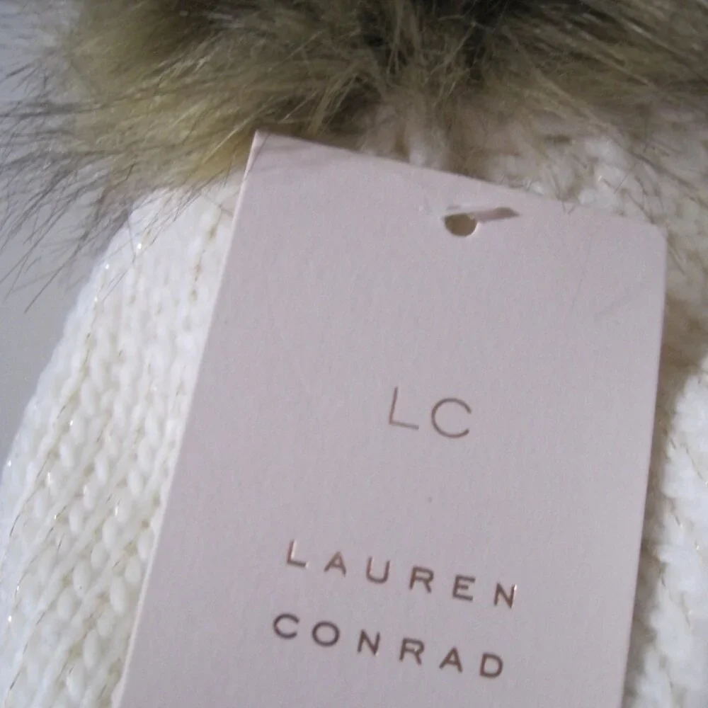 Lauren Conrad Knit Sparkle Beanie Hat White Cream Ivory Faux Fur Pom Pom W/ Pin